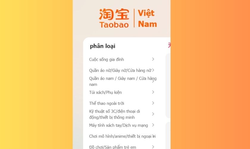 Tìm kiếm theo danh mục sản phẩm trên Taobao